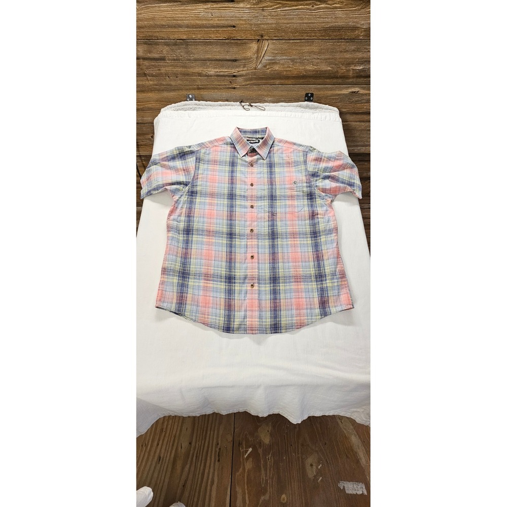 Solaris Mens Short Sleeve Plaid Button Down Shirt Orange Blue Yellow Size M